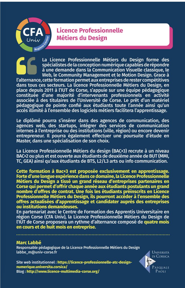 samprasrafter's tweet image. L’alternance àl’@UnivCorse grâce à la qualité des formations proposées. Zoom sur la Licence Professionnelle Metiers du Design à l’@iutdecorse Une formation répondant aux besoins du tissu économique insulaire et proposant une excellente insertion professionnelle @cfaunivcorse
