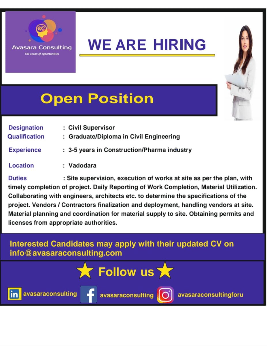 We are hiring!!

#avasaraconsulting #civilengineeringjobs #vadodarajobs #halol #sitesupervisor