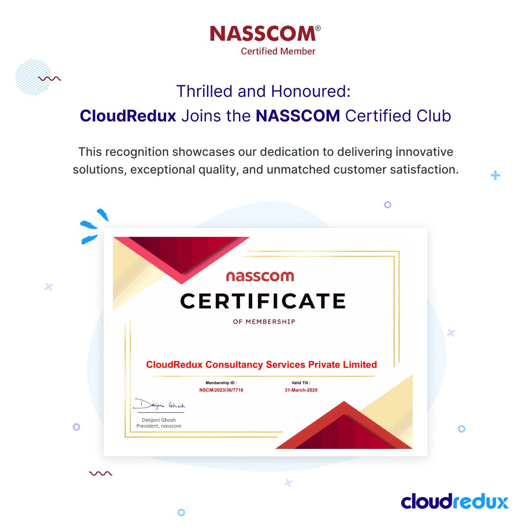 _cloudredux's tweet photo. We're thrilled to announce that CloudRedux has been awarded the prestigious #nasscom certification, a testament to our commitment to excellence in the tech industry!๐
#NASSCOMCertified #excellence #innovation #techindustry #futureleaders #growth #tech #quality #leader https://t.co/0fsBjfa152