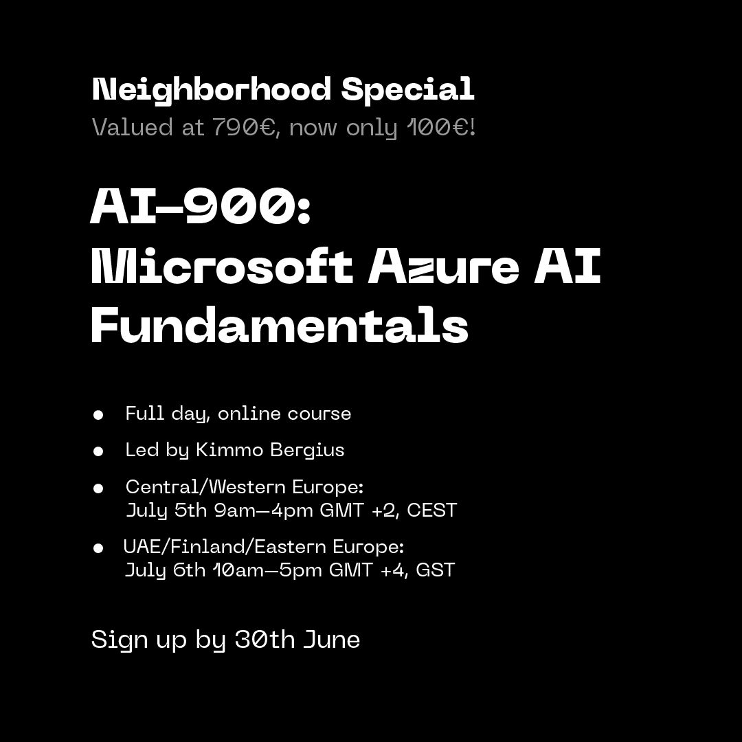 In honour of #EuropeanNeighborsDay, we're offering you the chance to join <a href="/SulavaOy/">Sulava</a> for its Microsoft Azure #AI Fundamentals course for only €100 (worth €790). Explore real-world use cases, master #ChatGPT &amp; configure #Azure features. Register now: bit.ly/3MZkVlm #ai