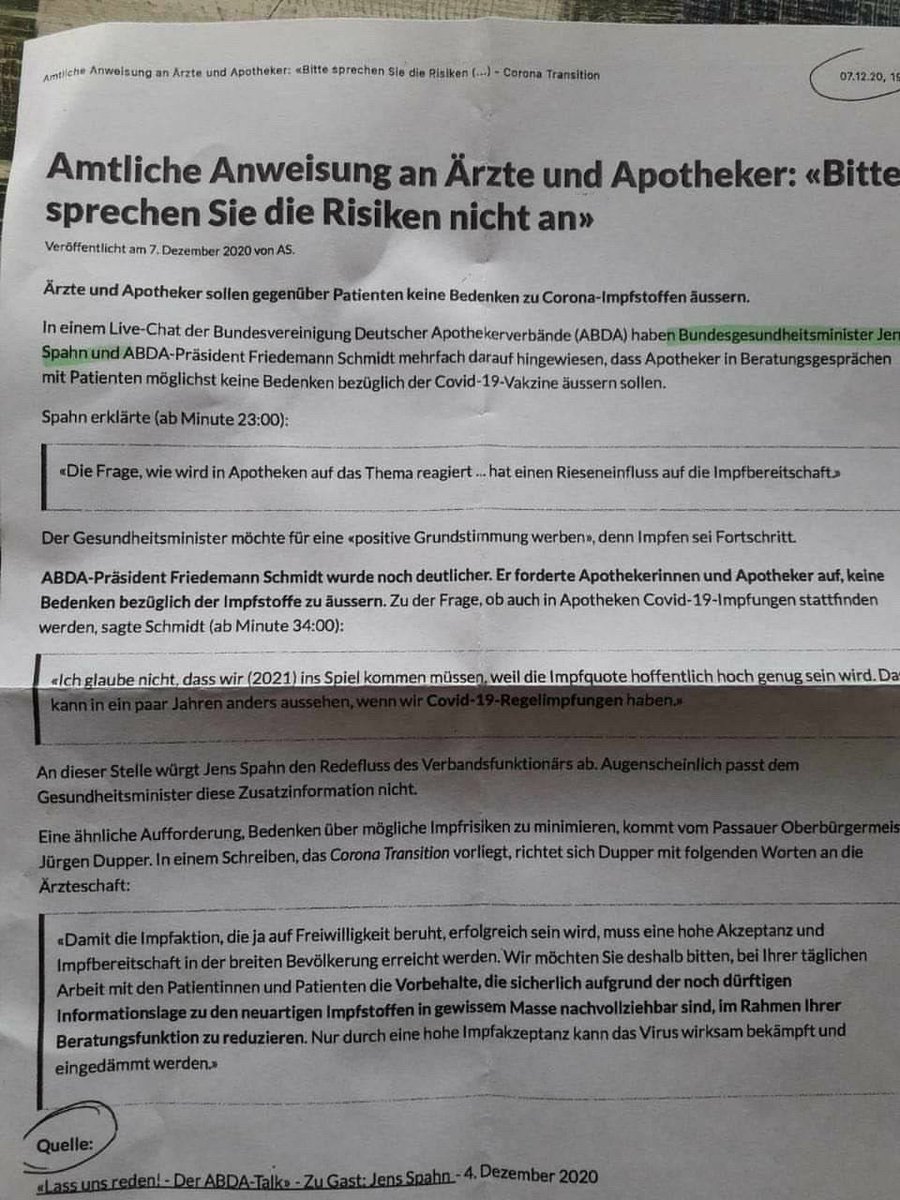 Un document confidentiel allemand distribué à l'ensemble des pharmaciens et médecins a été publié le 7 décembre 2020. Il s'agit d'instructions officielles aux médecins et aux pharmaciens : ne parlez pas des risques concernant les vaccins ! 

Les médecins et les pharmaciens ne…