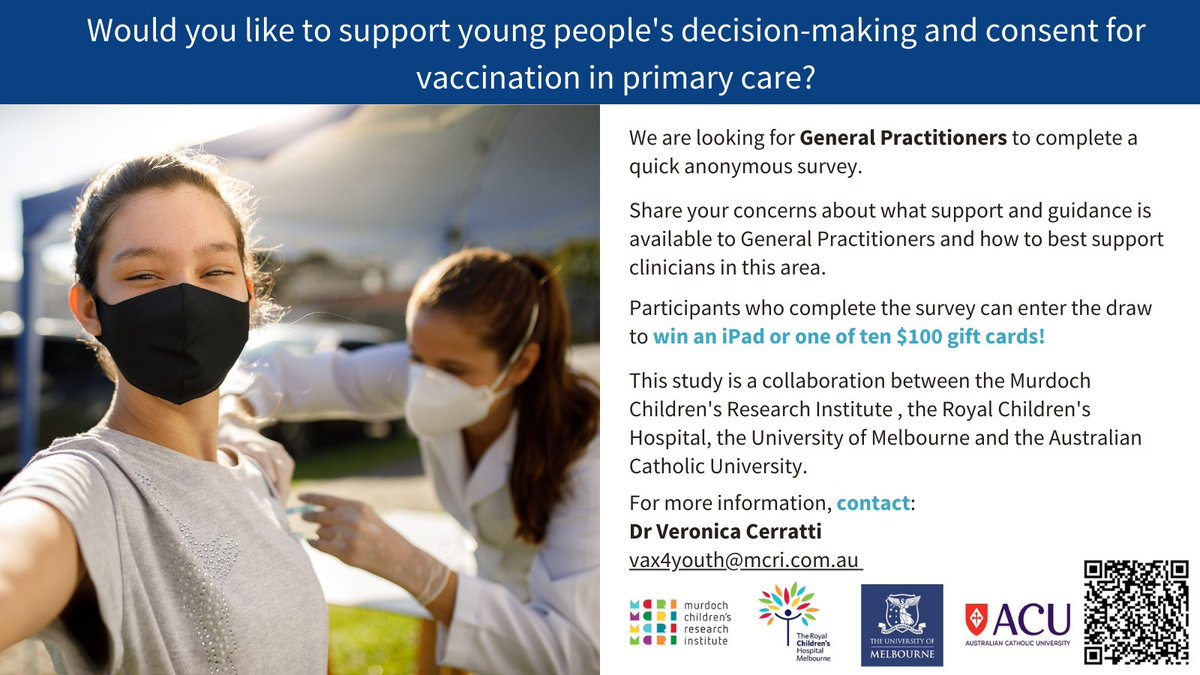 Would you like to support young people’s decision-making and consent for vaccination in primary care? We are looking for General Practitioners to complete a quick anonymous survey. See below for details. @UniMelbMDHS #GeneralPractice #Vaccination bit.ly/45A8vYE