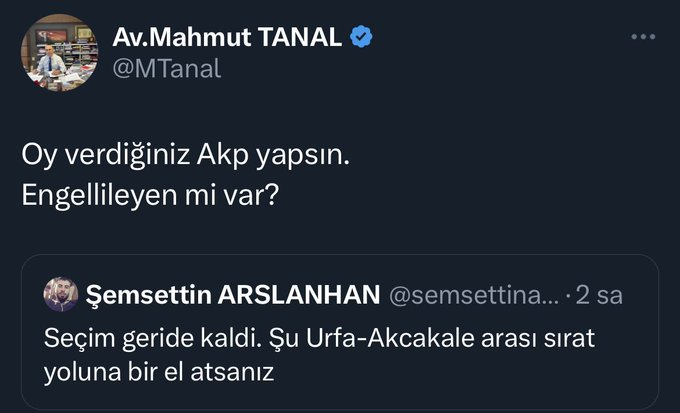 İşte CHP zihniyeti

▪️CHP'li Mahmut Tanal, kendisine Urfa-Akçakale yolu için yorum yazan bir vatandaşa "Oy verdiğiniz AK parti yapsın." Cevabını verdi.