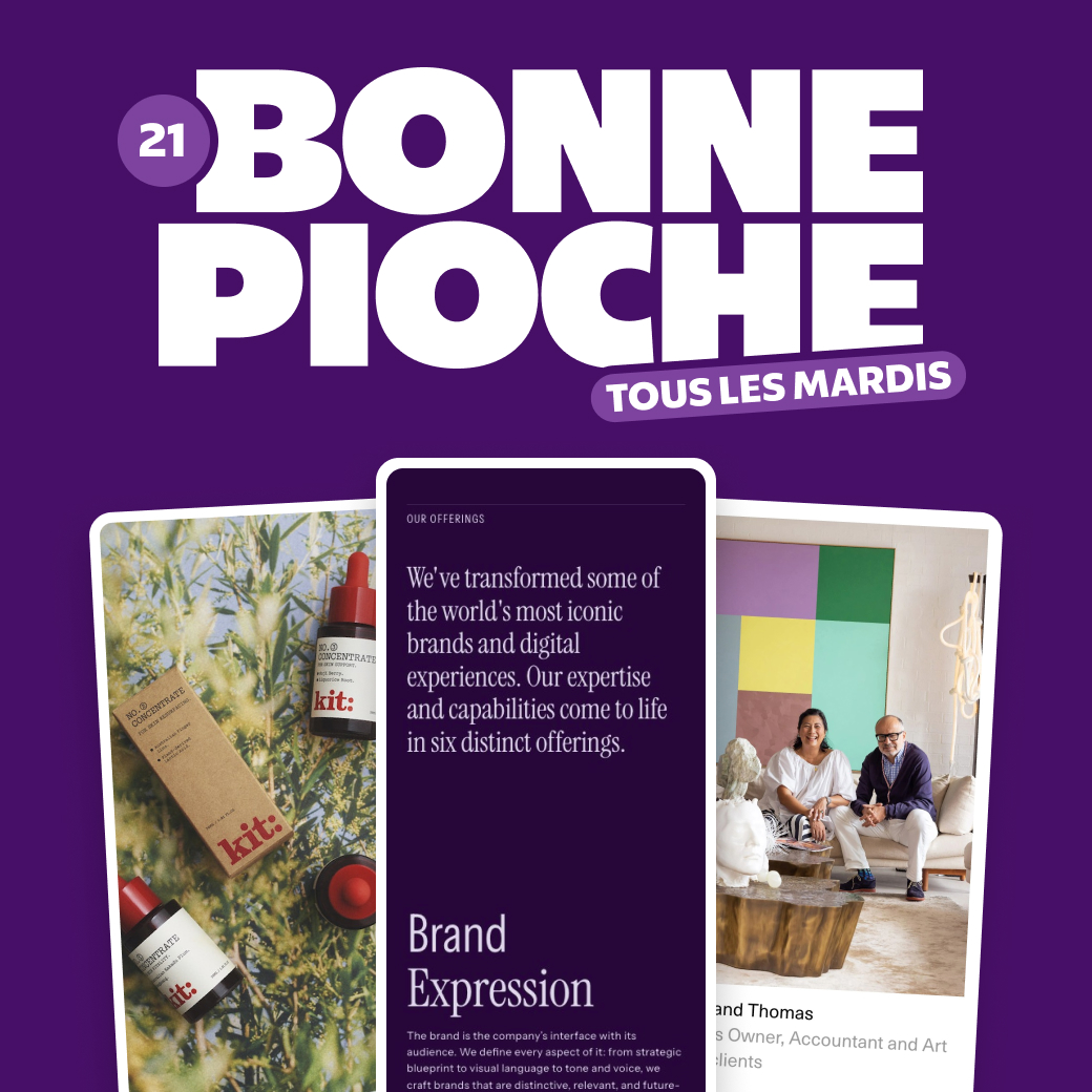 Tous les mardis, je vous partage ma veille 👀🧙‍♂️✨
#BonnePiocheDesign

Au programme :
- des sites web captivants
- des identités visuelles renversantes
- des typographies remarquables
- des designers inspirant·e·s
- des ressources indispensables