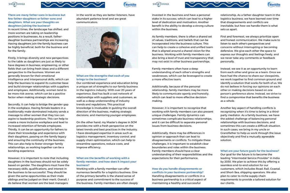 Powering Success: A Dynamic Duo in Logistics : Maritime SheEO Interviews Father-Daughter Team Our MD Rahul Modi & Ms. Krupa Modi on their Rising Logistics Business and Collaborative Success.

Read more about their story on page 30 of She of Change: lnkd.in/dWHwa7nn