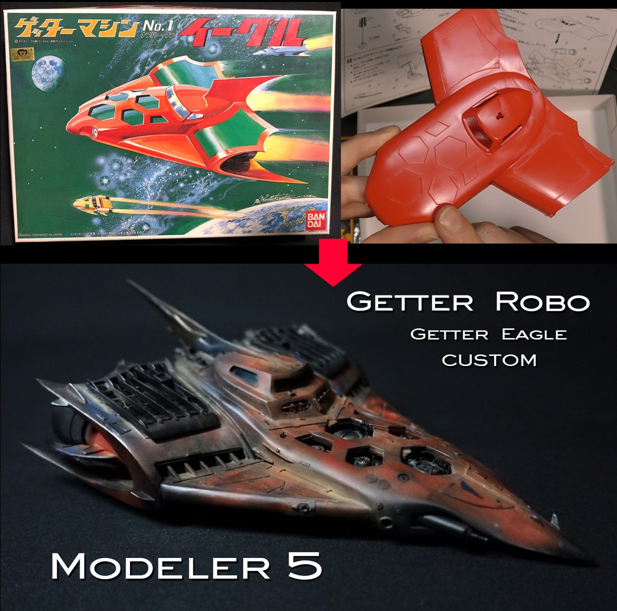 modeler_5's tweet photo. Check out how I have built &amp; customized the Getter Robot Getter Eagle model kit from Bandai⤵
https://t.co/RDsy9PU9T9

#gettereagle #getterrobo #getterrobot #gonagai #customtoys #scifimodels #bandai #modelkitbuilding #weathering https://t.co/DPqgUcU1mV