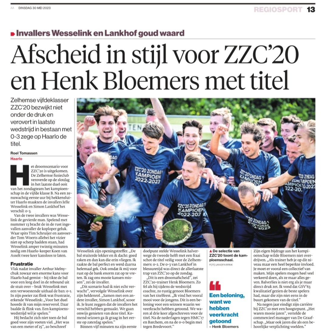Afscheid in stijl voor ZZC'20 en Henk Bloemers met titel.