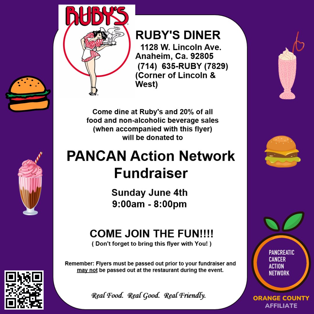 Join us TOMORROW, June 4 at 12:00 pm at #RubysDiner in #Anaheim to Celebrate our #PancreaticCancer Survivors on National Survivors Day!
💜
Ruby's will be donating 20% of all Food & Beverages to #PanCANOC throughout the entire day!
🍔
#PanCAN #PanCANawareness #TurnOCpurple