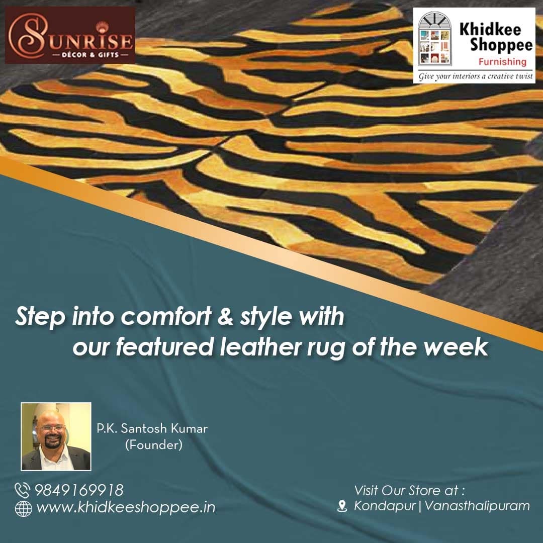 Indulge in ultimate luxury with our stunning leather rug of the week. Discover pure joy and shop today to experience the bliss for yourself. Don't miss out!

#KhidkeeShoppee #HomeDecor #HomeFurnishing #RugsCollection #RugPerfection #ShopLocal #comfort #style #kondapur #Hyderabad