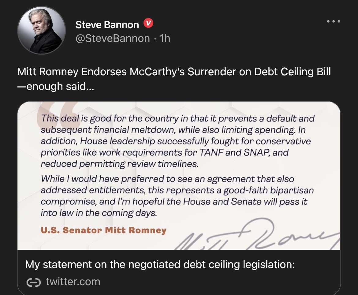 Mitt Romney Endorses McCarthy’s Surrender on Debt Ceiling Bill —enough said… 

twitter.com/SenatorRomney/…