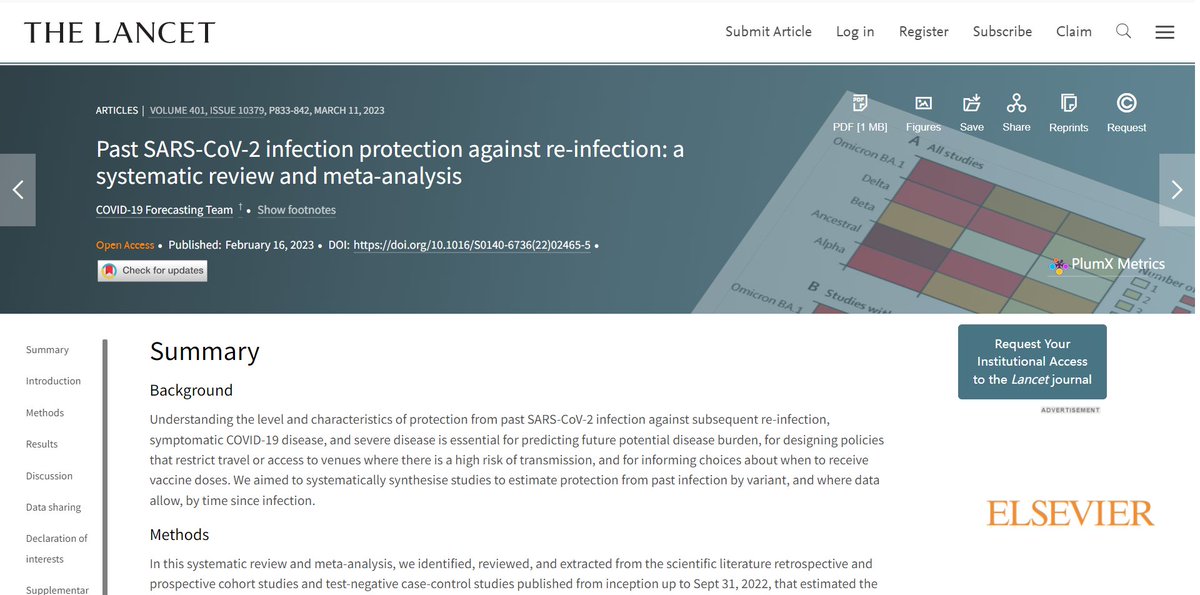 source_engine1's tweet photo. 1/3 Published in @TheLancet, a recent study analyzing 65 global studies assesses the protective effect of past #COVID19 infections against reinfections. The study reveals substantial protection against Ancestral, Alpha, Beta, and Delta but lower protection against #Omicron BA.1. https://t.co/D3XKYdcrQA