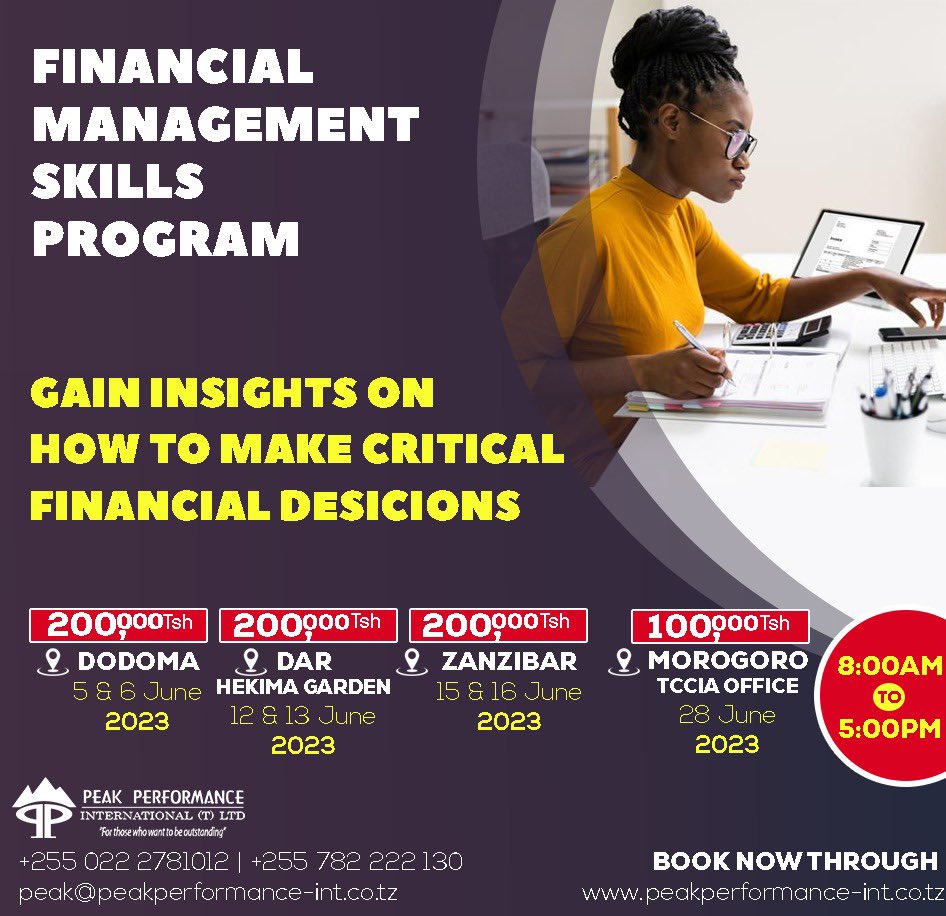DON'T MISS OUT TO THIS AMAZING TRAINING PROGRAM!

LEARN MORE AND REGISTER TO THE PROGRAM THROUGH: peakperformance-int.co.tz/index.php/prog…

#finance #financialindependence #financialfreedom #financialmanagement #financialmanagementtraining #financialmanagementtrainingintanzania #peakperformance