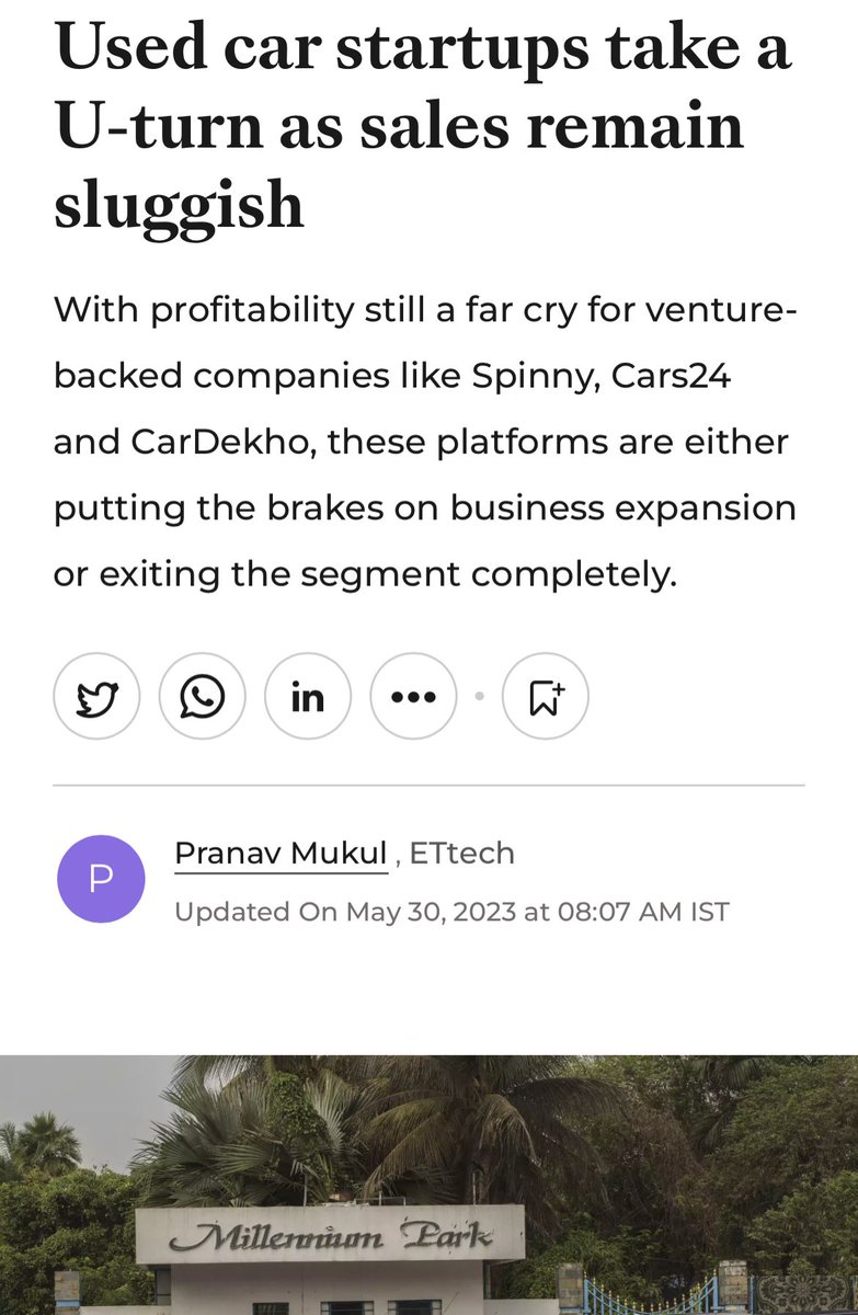 Wasn’t surprised about this - @gaadi was struggling, even CarWale AbSure has almost shut shop. Spinny and Cars24 will find it difficult. Only TrueValue and First Choice are highly profitable.