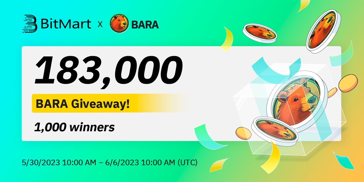 BitMartExchange's tweet photo. 🌟 #BitMart X #BARA #Airdrop 🌟

1⃣️Follow @BitMartExchange & @BitMartResearch & @coin_bara 
2⃣️Join https://t.co/EfBfDXTktK & https://t.co/09DUqJZNFR
3⃣️RT & Tag 3 frds & Like & Comment 
4⃣️Fill in https://t.co/NasE2c9fEm

🎁1,000 winners / 183,000 $BARA
Register 👉 https://t.co/DcdeFJVczn