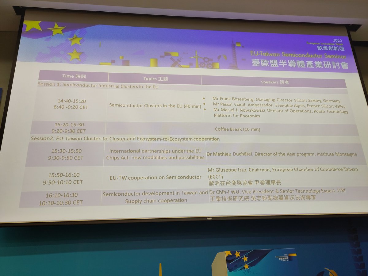 F_Boesenberg's tweet photo. Looking forward to the EU-Taiwan #Semiconductor Seminar that starts right now in Taipei as part of the #EuropeanInnovationWeek https://t.co/BXCAo6HnhC