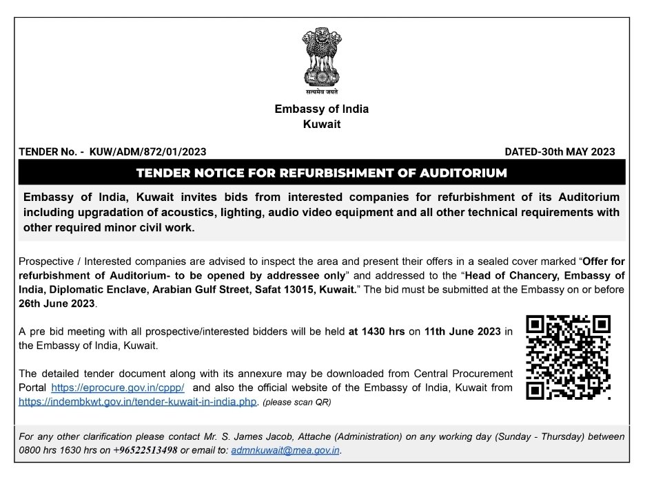 Indian Embassy Tender Notice in Kuwait Refurbishment of Auditorium