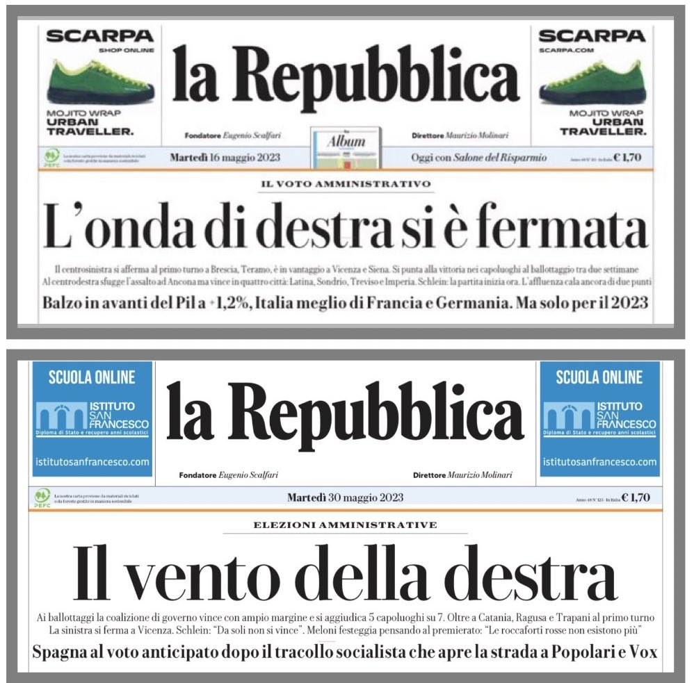 16 maggio: l’onda di destra si è fermata
30 maggio: il vento della destra 

#Amministrative2023