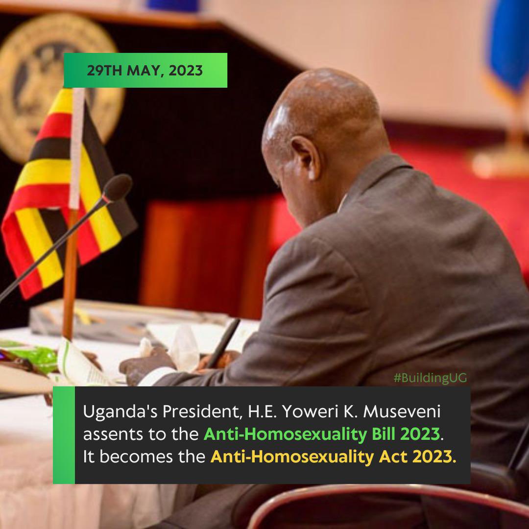 Uganda's President, H.E. Yoweri K. Museveni assents to the Anti Homosexuality Bill 2023.
It becomes the Anti-Homosexuality Act 2023.