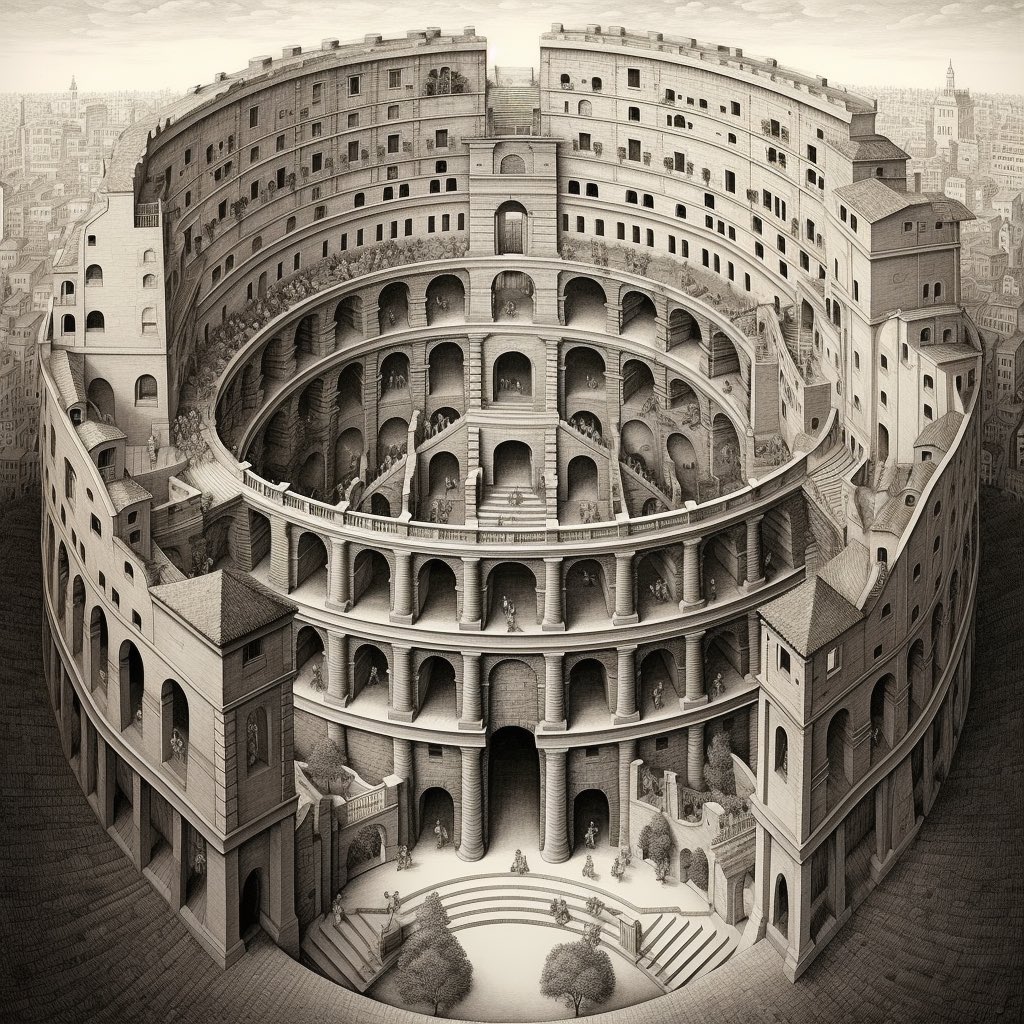 mrthnmtsthAI's tweet photo. Prompt: m c Escher Style, City of #Rome, colloseum, the Vatican, Michelangelo’s castello --s 750 --q 2 --v 5.1 #mcescher #ai #aiart #midjourney #midjourneyart #aiartcommunity https://t.co/6wkeysm9Jf