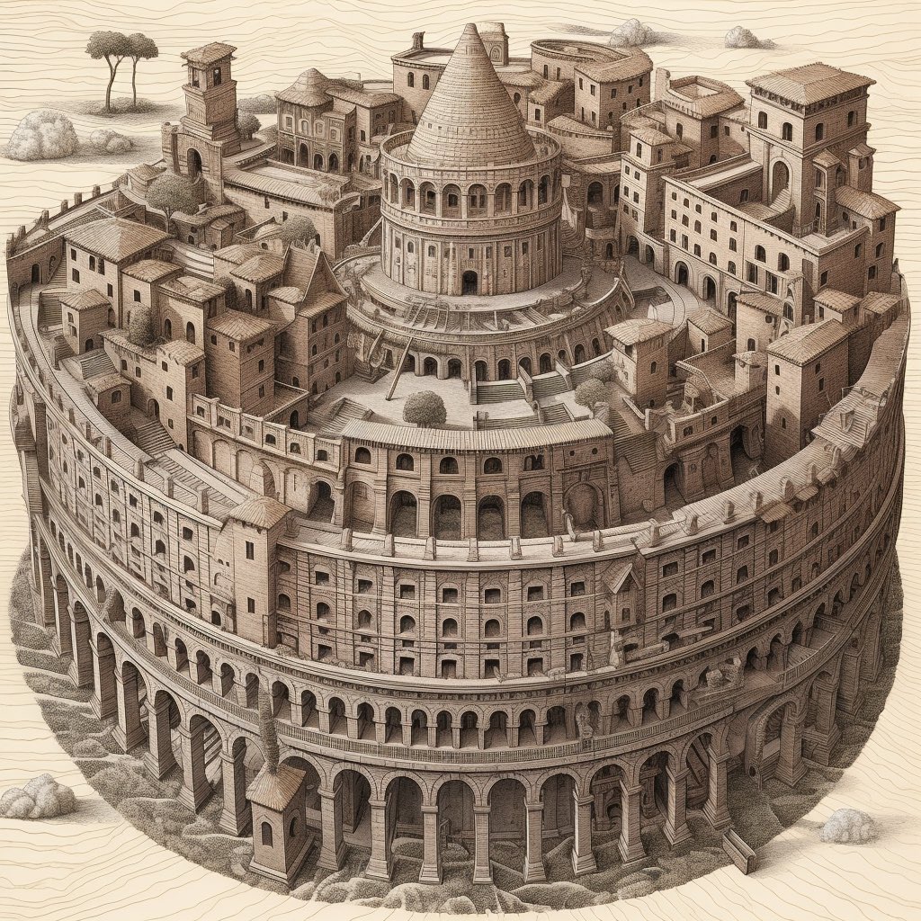 mrthnmtsthAI's tweet photo. Prompt: m c Escher Style, City of #Rome, colloseum, the Vatican, Michelangelo’s castello --s 750 --q 2 --v 5.1 #mcescher #ai #aiart #midjourney #midjourneyart #aiartcommunity https://t.co/6wkeysm9Jf