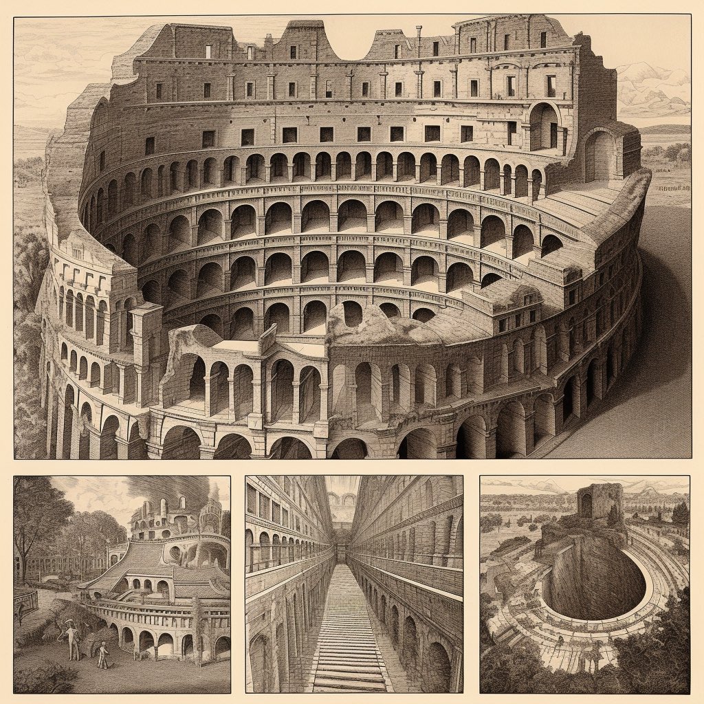 mrthnmtsthAI's tweet photo. Prompt: m c Escher Style, City of #Rome, colloseum, the Vatican, Michelangelo’s castello --s 750 --q 2 --v 5.1 #mcescher #ai #aiart #midjourney #midjourneyart #aiartcommunity https://t.co/6wkeysm9Jf