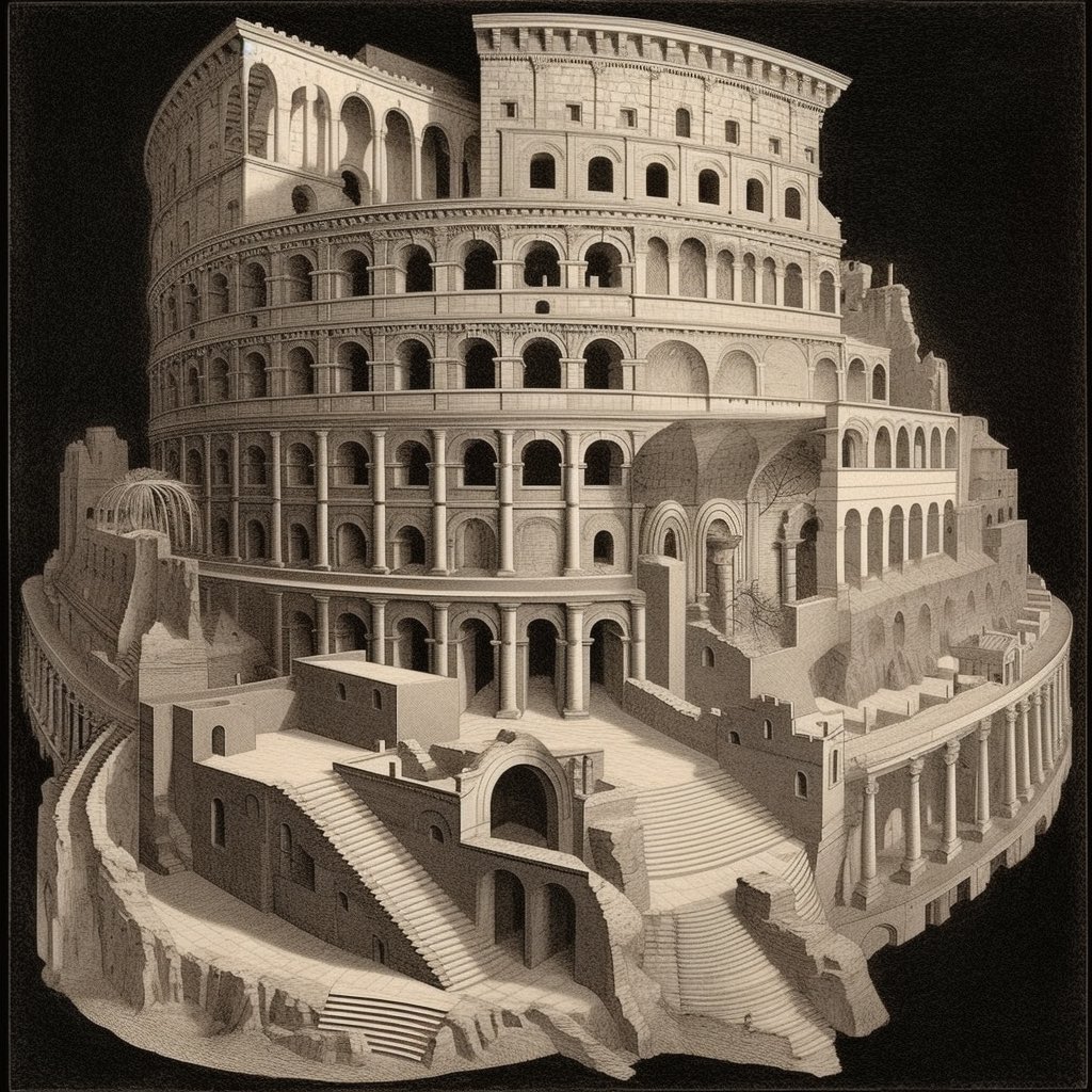 mrthnmtsthAI's tweet photo. Prompt: m c Escher Style, City of #Rome, colloseum, the Vatican, Michelangelo’s castello --s 750 --q 2 --v 5.1 #mcescher #ai #aiart #midjourney #midjourneyart #aiartcommunity https://t.co/6wkeysm9Jf