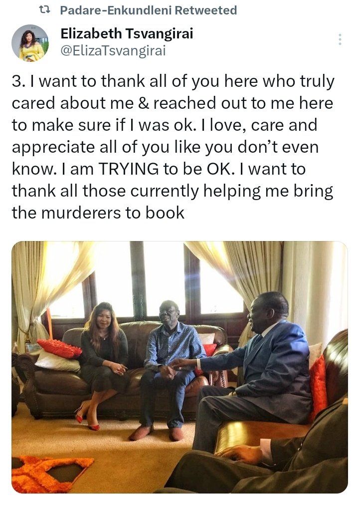 The wife of the late former Prime Minister Morgan Tsvangirai, thanked HE @edmnangagwa for his generosity and care. #EDCARES for all Zimbabweans irregardless of their political backgrounds.  He is a father.  His #EDWORKS will follow him in the ballot and will emerge victorious.