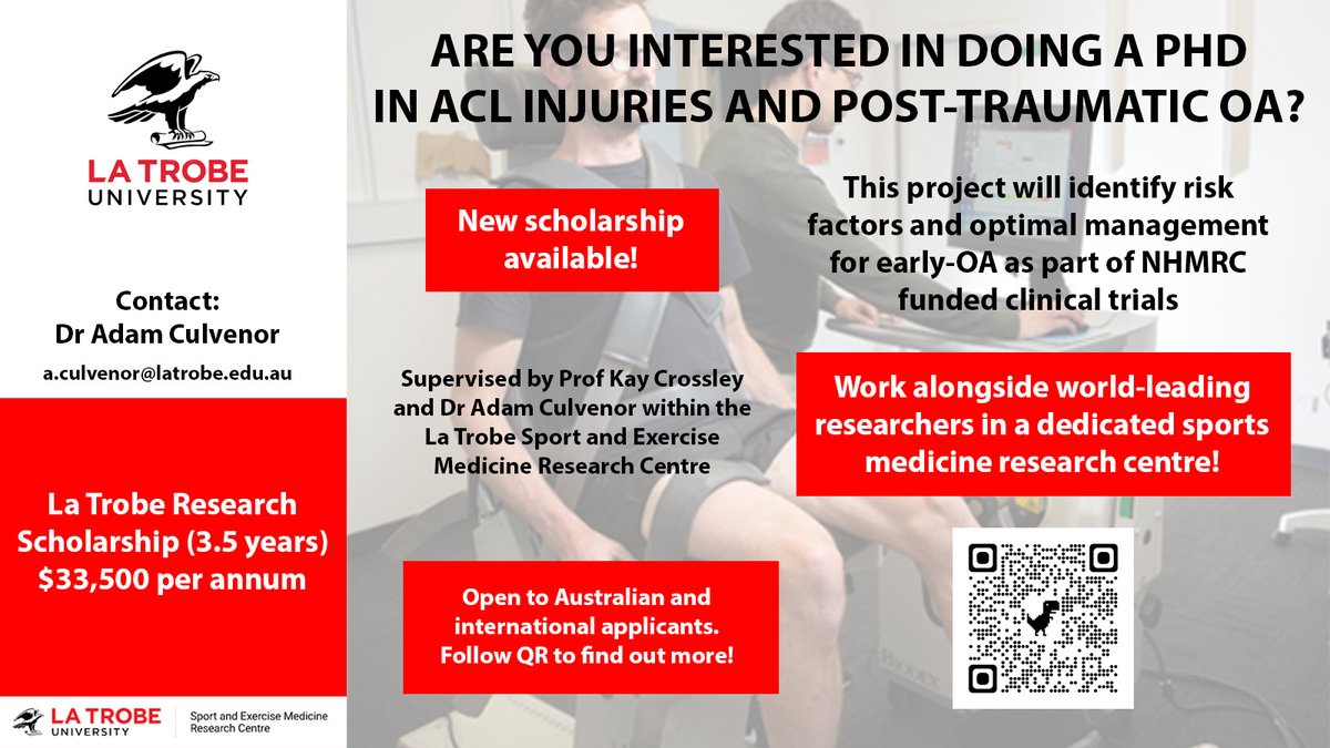 La Trobe SEMRC (@latrobesem) on Twitter photo Interested in ACL injuries, rehab and preventing post-traumatic osteoarthritis?
New PhD Scholarship available to work with world-leaders <a href="/agculvenor/">Adam Culvenor</a> <a href="/kaymcrossley/">KC (she/her)</a> on #NHMRC funded clinical trials.
Domestic and international applicants welcome Interested in ACL injuries, rehab and preventing post-traumatic osteoarthritis?
New PhD Scholarship available to work with world-leaders <a href="/agculvenor/">Adam Culvenor</a> <a href="/kaymcrossley/">KC (she/her)</a> on #NHMRC funded clinical trials.
Domestic and international applicants welcome