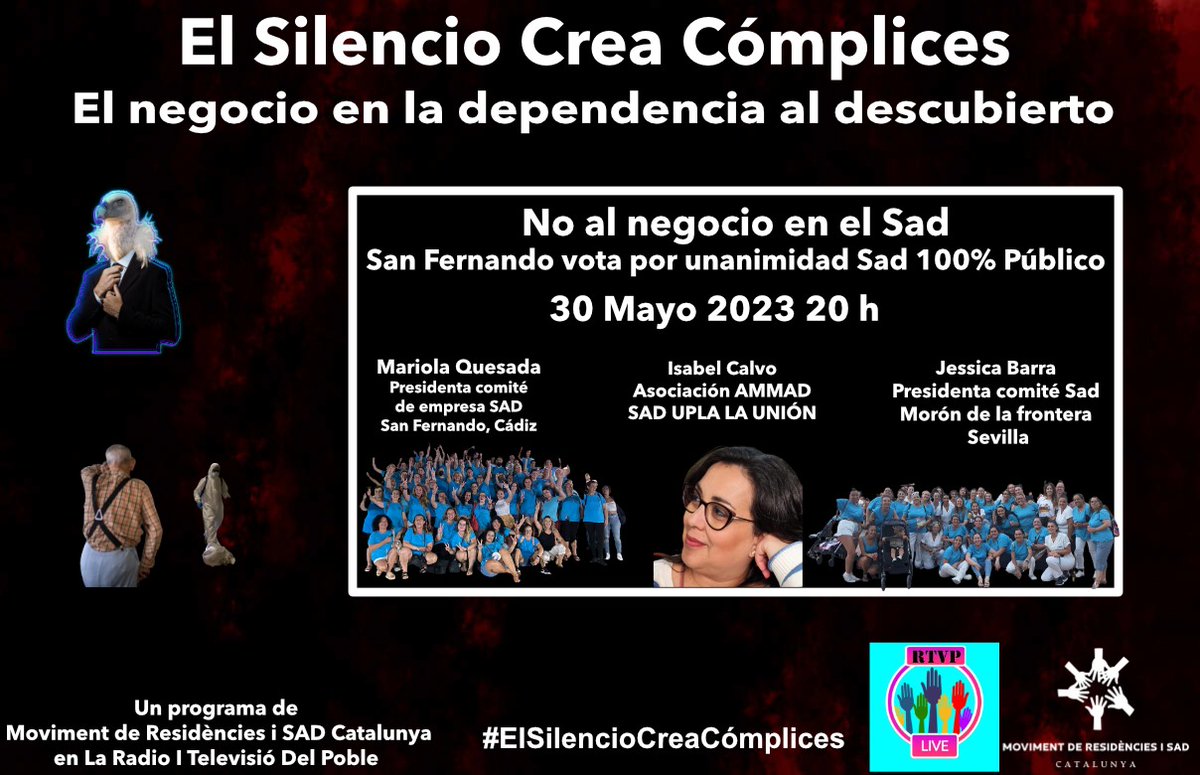 A partir de las 20.00 HRS a través de @RTVP_POBLE y con la colaboración de @catmresidencias te vamos a contar lo que los ¿Medios de información? no te cuentan , porque #ElSilencioCreaComplices
@SindicatoSad 
@AUXsadAsturias 
@CGTSanitatBcn 
@cuidadors 
@ParaCelador 
@MareaEsResi