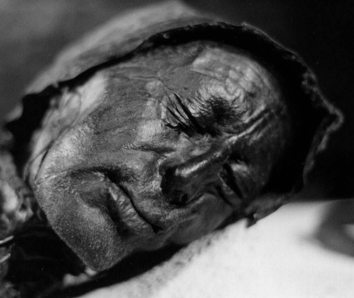 Tollund Man, a Dane who died 2500 years ago. His body was discovered in 1950, and was so well preserved he was briefly mistaken by authorities as a recent murder victim.

May 1950, peat cutters Viggo and Emil Hojgaard discovered a corpse in the peat layer of the Bjœeldskovdal