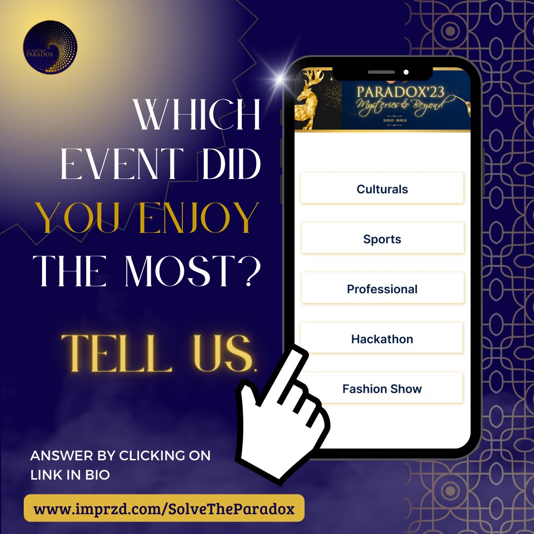 iitm_bs's tweet image. We still can&apos;t get over the last few days having you attend Paradox&apos;23 at the IIT Madras campus!! We hope you&apos;ve had just as much fun as we had participating in the events.

What was your favorite event at Paradox &apos;23?
Visit imprzd.com/SolveTheParadox and share your experience.