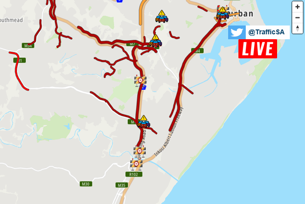 TrafficSA's tweet photo. Durban - N2 North (Latest): #Protesting at #Chesterville - ROAD OPEN - heavy backlogs / congestion still to clear https://t.co/DS3LnT5qzM