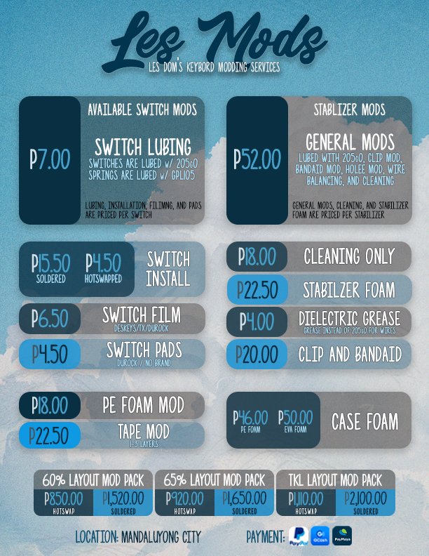 Les_Dominic's tweet photo. ⭐LesMods Keyboard Modding Services by @Les_Dominic

📍Location: [Mandaluyong City]

💰 Mode of Payment: [GCash, Maya, Paypal, or Bank Transfer]

🤝 Client keyboards I've modded so far: [https://t.co/vIC3SdyJIX]

🛠 Mods are done live at:
[https://t.co/470hUW0MCa] https://t.co/FGpX1ScVs6