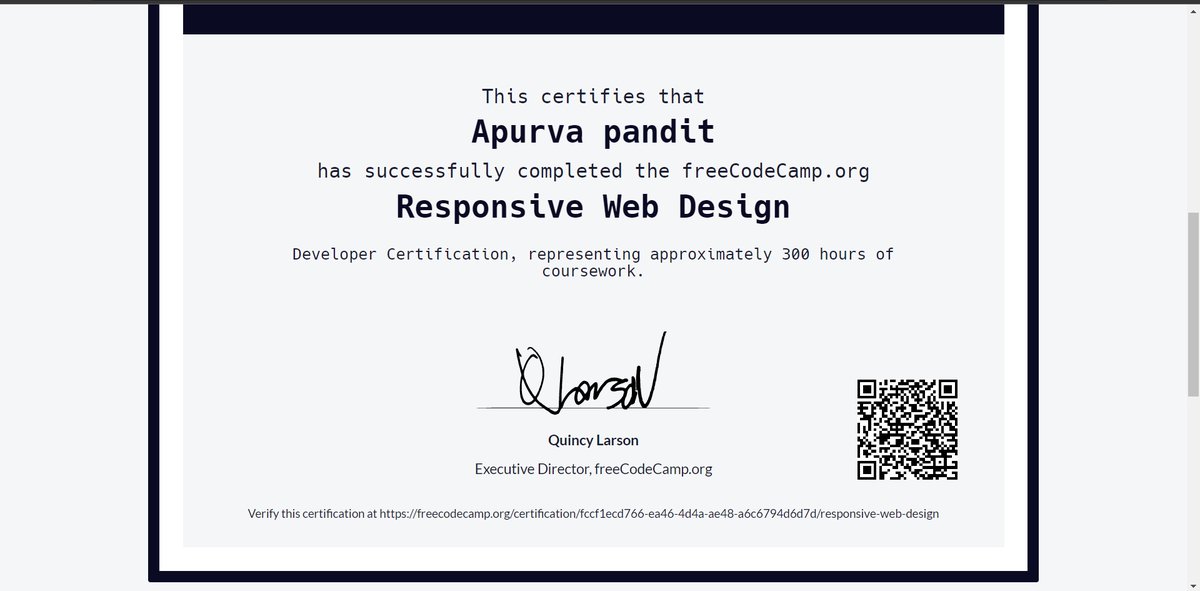 Apoorva_021's tweet image. "Just earned my certification in Responsive Web Design from @freeCodeCamp! 🎓🌐 Excited to enhance my skills and take on new web development challenges. #CertifiedCoder #WebDesignJourney"
