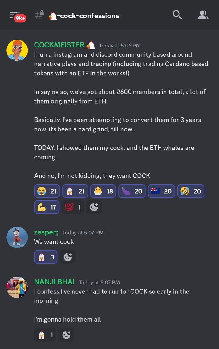 stockjupiterr's tweet photo. Here's a collection of Cockfessions.. did you drop yours yet?

I just want some $cock 🐔

@CockCoin_ada #cardano https://t.co/7h4sEzLoAF
