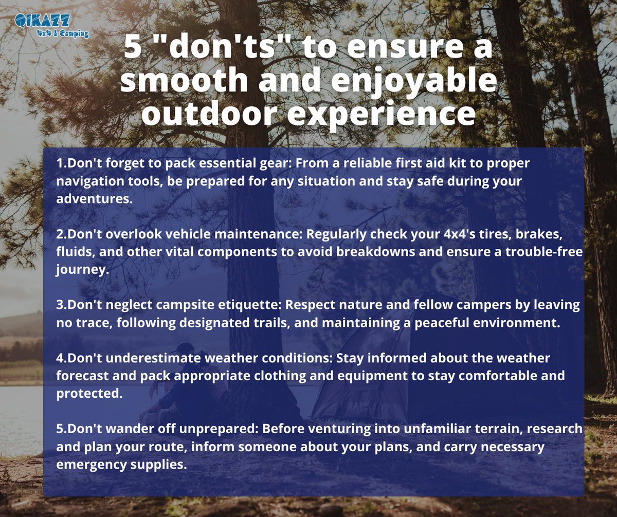 🏕️ Don't let these common mistakes ruin your camping and 4x4 adventures! Take note of these 'don'ts' to ensure a smooth and enjoyable outdoor experience. ⛺🌄

#CampingTips #OffRoadAdventures #OutdoorEtiquette