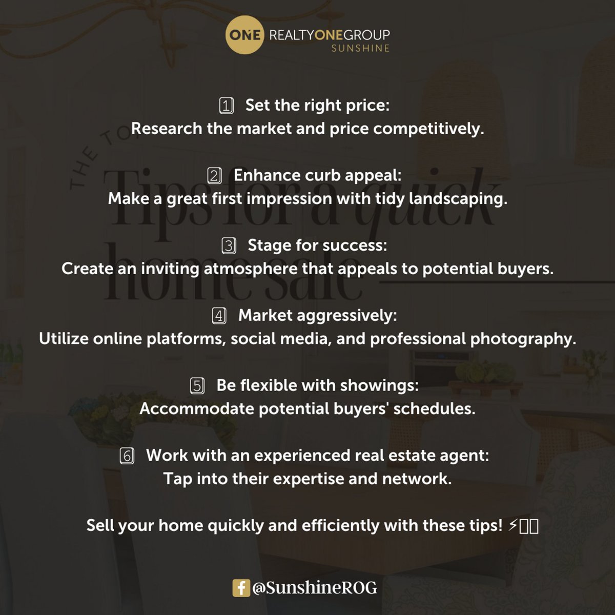 ⚡🏠 Need to sell your home quickly? Follow these tips for a speedy sale! 💨💼

Call us TODAY to be connected to one of our AMAZING agents!
📲 (727) 293-5100

#RealtyONEGroupSunshine #QuickHomeSale #MaximizeYourPotential #SellWithSuccess #Buy