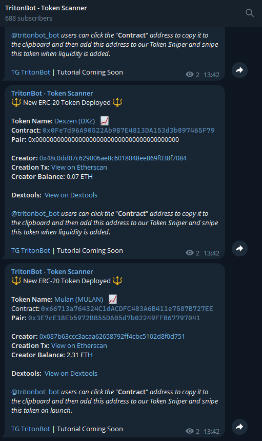 TritonBot_bot's tweet image. 👀This is what our ERC-20 notifications look like👀

 #ethereum #tokens #erc20 #crypto #cryptocurrency #TritonBot