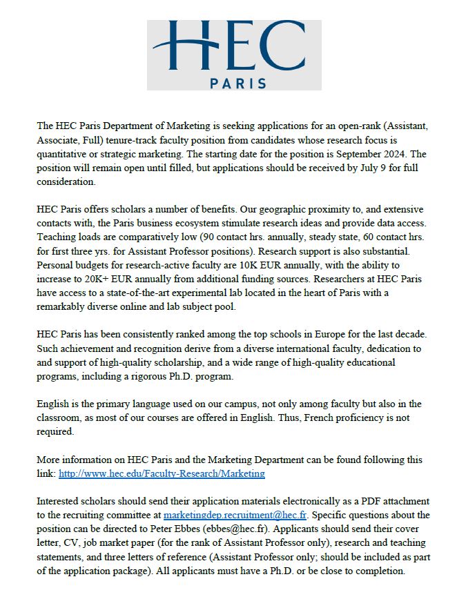 The HEC Paris Marketing Department is hiring for an open-rank tenure-track faculty position with a research focus on quant or strategic marketing.

For details see job ad below.

#quantitativemarketing #strategicmarketing #marketingjobs #marketingresearch
