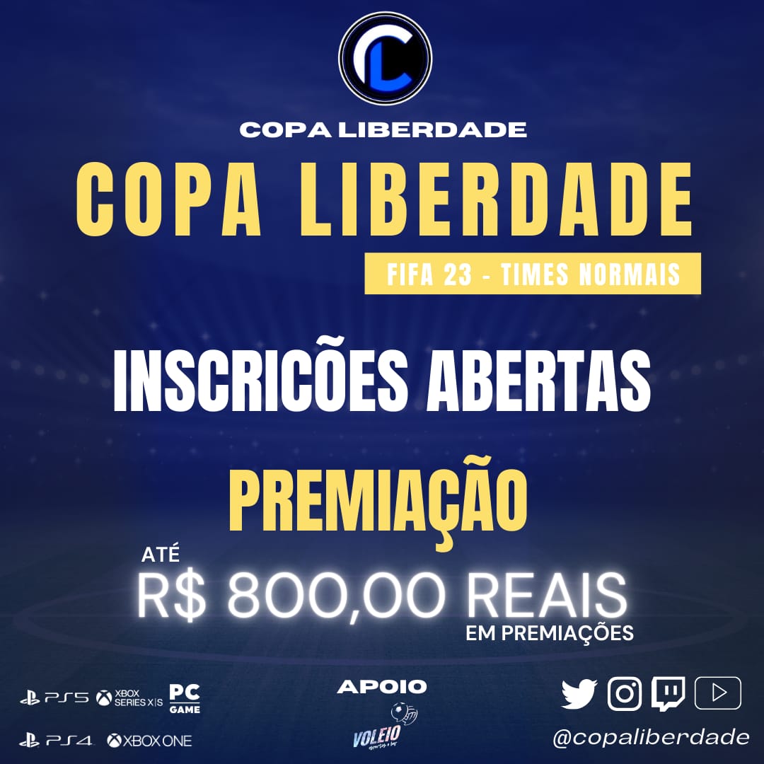 CopaLiberdade's tweet image. 🎮Campeonato de FIFA23
💸 30,00 se chamar um amigo ambos pagam 25,00
🗓️ Previsão de início: 05/06
🎮 Antiga e Nova geração
🗒️formato: Grupos+ mata-mata X1 Normal.
🏆 *Premiação Total:
R$ 800,00
Instagram: instagram.com/copaliberdade?…

*Site:* copaliberdade.com.br