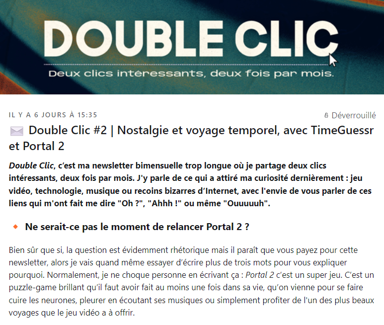 Noddus_'s tweet photo. J'ai sorti une nouvelle édition de #DoubleClic, ma newsletter qui embellit votre boîte mail de 2 clics intéressants, 2 fois par mois ✨
Cette fois-ci, on cause de Portal 2, de vieilles photos et de crunch
(preuve que cette newsletter n'a aucun sens)
⬇️
https://t.co/DBKMrd5yi5 https://t.co/QCw1gWVXTF