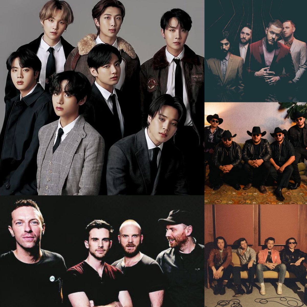 Most streamed group in Spotify global and only groups in top50:

1-BTS
2-Coldplay
3-Imagine dragons
4-Grupo Frontera
5-Arctic Monkeys