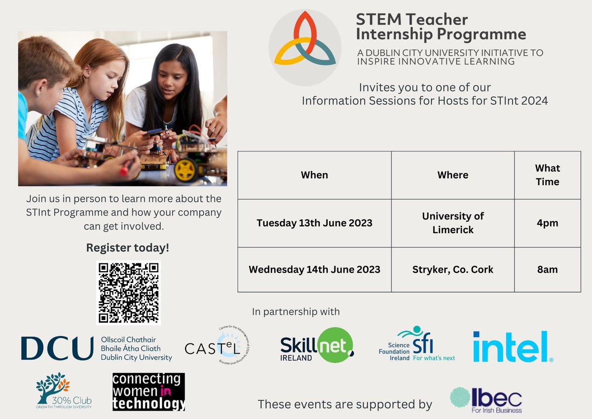 @STEMTeachIntern is delighted to invite you to our in-person information sessions for hosts for STInt 2024. Register your attendance here for either #Limerick or #Cork for further details. forms.gle/F9SZGnLv42s7Gq… #InspiringInnovativeLearning #ShapingSharedFutures