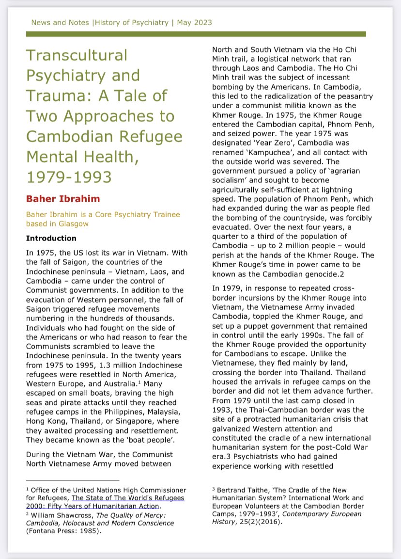 My article ‘Transcultural Psychiatry and Trauma: A Tale of Two Approaches to Cambodian Refugee Mental Health, 1979-1993’, is now available online in the <a href="/rcpsych/">Royal College of Psychiatrists</a> Spring 2023 History of Psychiatry Special Interest Group Newsletter <a href="/rcpsychHoPSIG/">History of Psychiatry Special Interest Group</a>.

rcpsych.ac.uk/docs/default-s… (p.46)