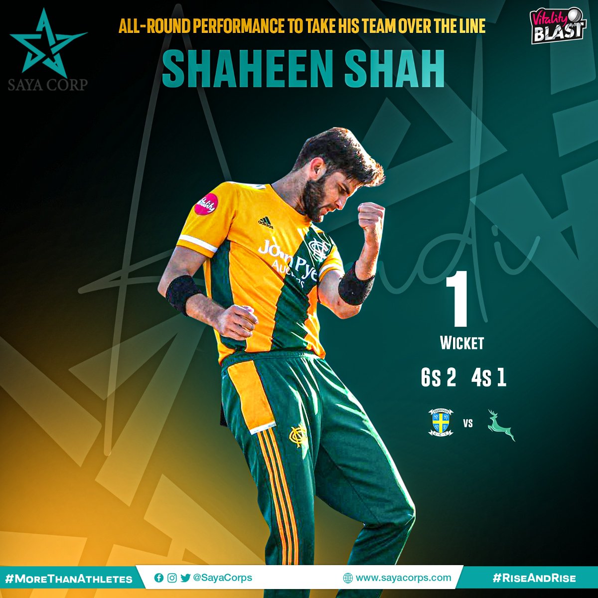 Welcome to #TheEagle All-rounder Era! 💥

@iShaheenAfridi was magical last night picking up an important wicket and smashing 2️⃣ sixes & a four to finish the game in style 😎

#SayaCorporation is delighted and wishes you more #RiseAndRise!

#MoreThanAthletes @TalhaAisham