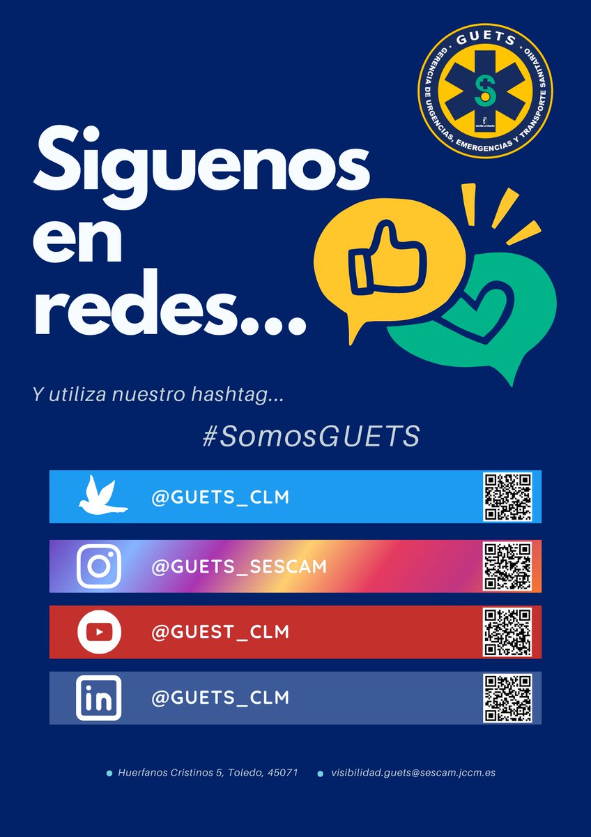 Buenos días,

Hoy nos gustaría pediros que nos acompañarais a través de nuestras redes sociales.

Porque uno de nuestros objetivos, es sentirnos cerca de todos.

Síguenos en:

Twitter: x.com/GUETS_CLM

Instagram: instagram.com/guets_sescam/

YouTube: youtube.com/channel/UCcGPH…