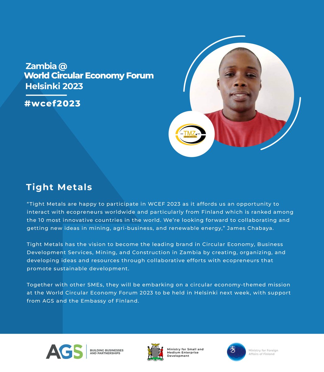 Accelerated Growth for SMEs in Zambia (AGS) (@agszambia) on Twitter photo James from Tight Metals Zambia is in Helsinki, Finland at the World Circular Economy Forum to meet with his Finnish partners about their solution to make mining in Zambia cleaner!
#WCEF2023 <a href="/Ulkoministerio/">MFA Finland 🇫🇮</a> <a href="/FinlandinZambia/">Finland in Zambia</a> #MinistryofSMEDevZambia #Zambia James from Tight Metals Zambia is in Helsinki, Finland at the World Circular Economy Forum to meet with his Finnish partners about their solution to make mining in Zambia cleaner!
#WCEF2023 <a href="/Ulkoministerio/">MFA Finland 🇫🇮</a> <a href="/FinlandinZambia/">Finland in Zambia</a> #MinistryofSMEDevZambia #Zambia