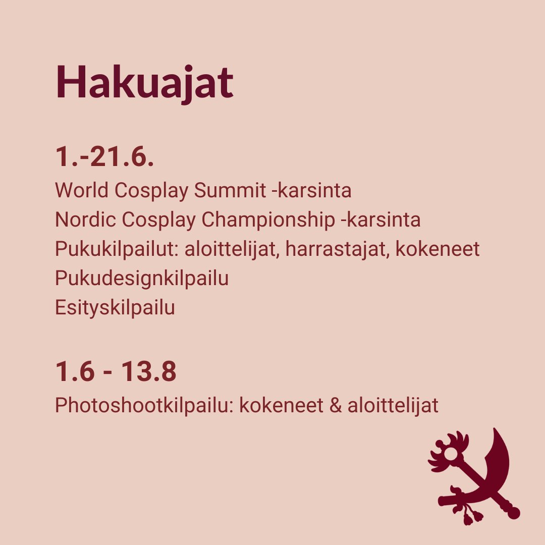 Hae mukaan cosplaykilpailuihin nyt - haut ovat auki! 🎉

Pukukilpailujen, WCSn, NCCn ja esityskilpailun haut ovat avoinna 21.6. klo 23.59 asti. Photoshoot-kilpailun ilmoittautuminen on auki 13.8. klo 23.59 saakka.

Lisätietoa ja säännöt:
2023.tracon.fi/ohjelma/cosplay

#Tracon