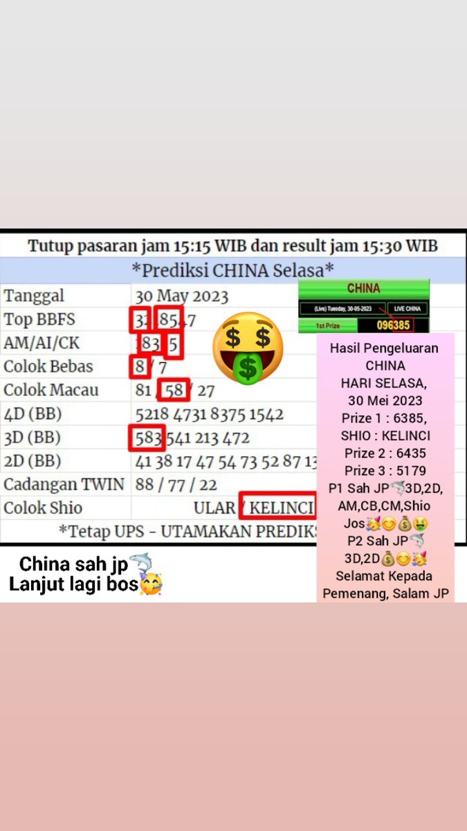 Masterdemian88's tweet photo. Result China, Selasa 30 Mei 2023 

Selamat Untuk yang Berhasil JP

Info Result dan Prediksi Setiap Hari WA 081224902638 

#inforesult #MSDhoni𓃵 #dolar #sonsatos #Succession #พรรคอันดับ2 #abvote #protest #MasterChef #IPL2023Final #IDOLYFEisBack #China https://t.co/QYMCWoLj9X