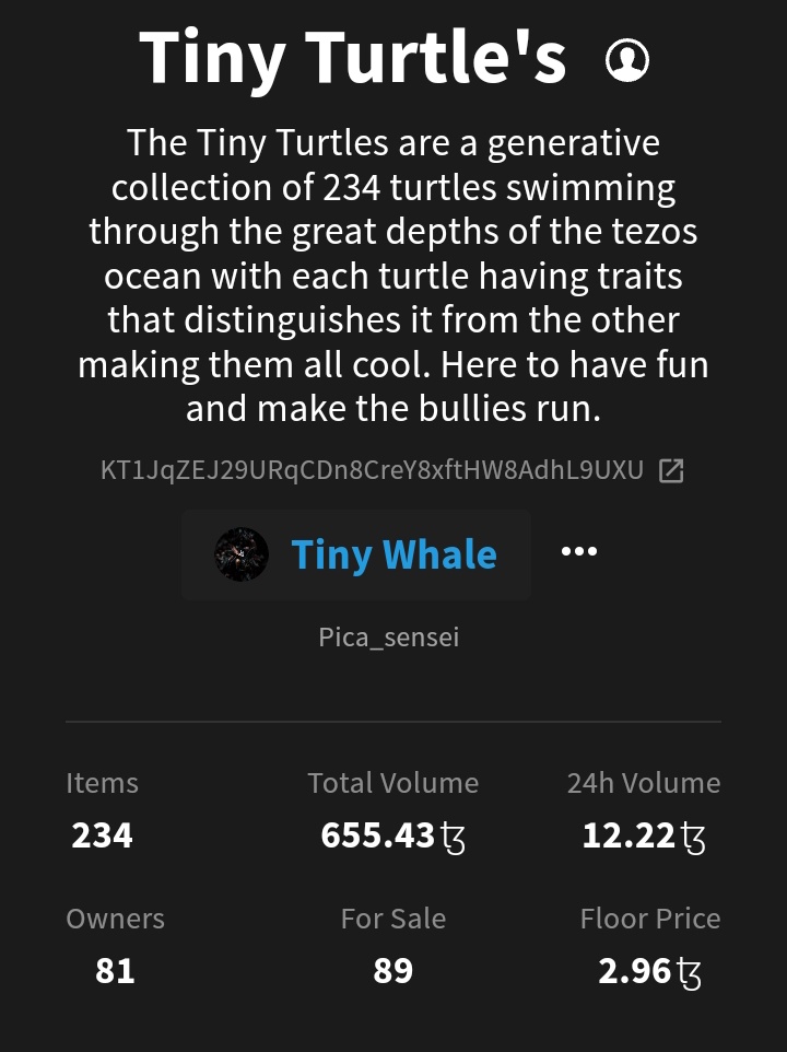 realtinywhale's tweet image. UPDATE 💯🚨

Slowly but steadily were growing at turtle speed. No pressure, no rush. We keep adding daily to our holder base.

81 Unique Holders we are proud of.

73 Turtles Left

16 Secondary

NEW FLOOR PRICE incoming

68% SOLD OUT

Grab a #tinyturtle today
#tezos #TEZOSTUESDAY